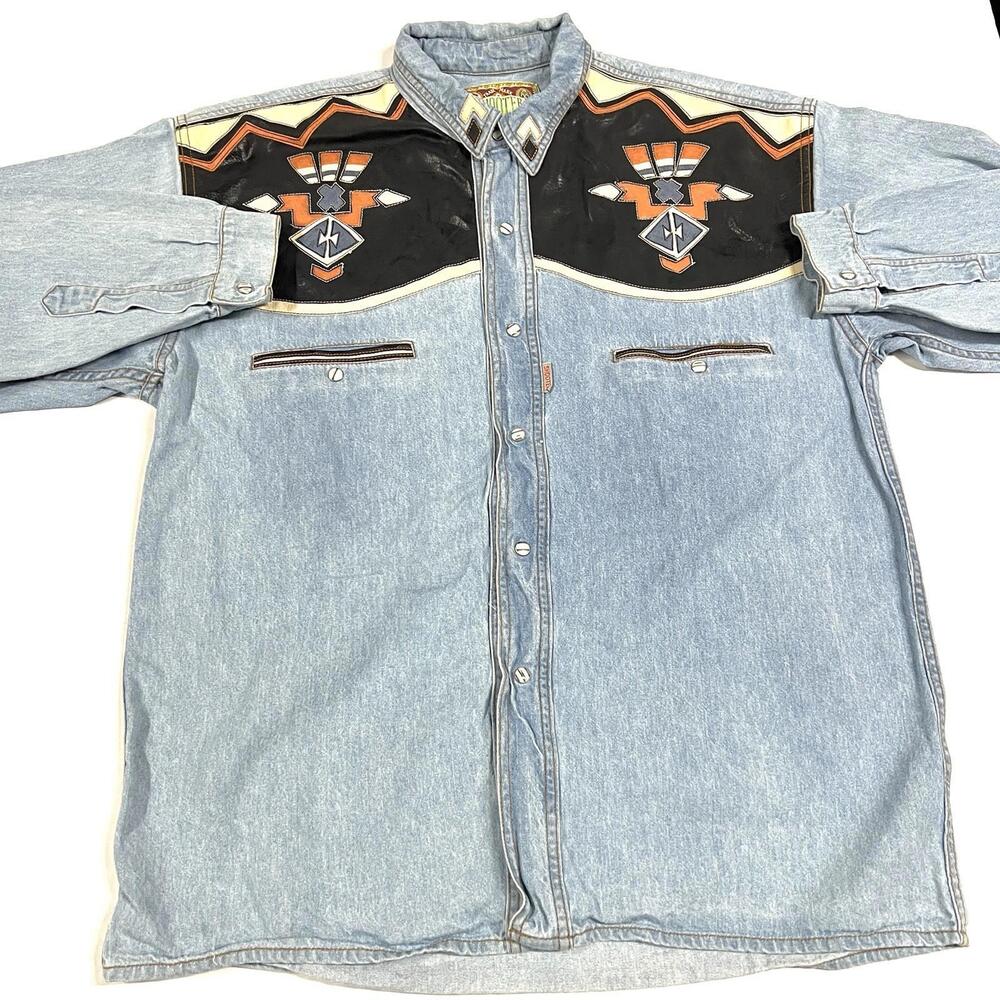 Men's Light Blue Denim Western Shirt with Black and Orange Embroidery - Picture 4 of 11